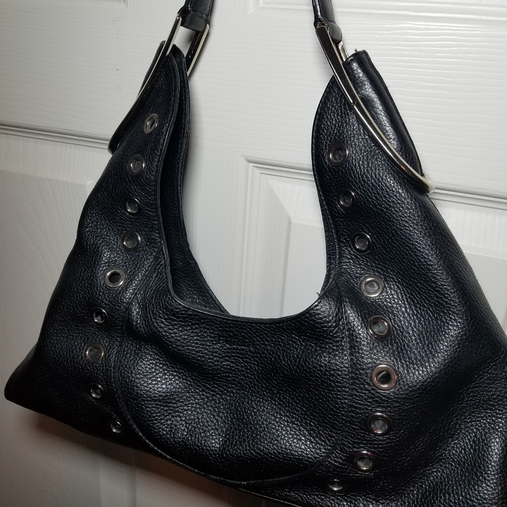 Furla Baguette black pebble grain, genuine leather Shoulder Bag made in Italy.